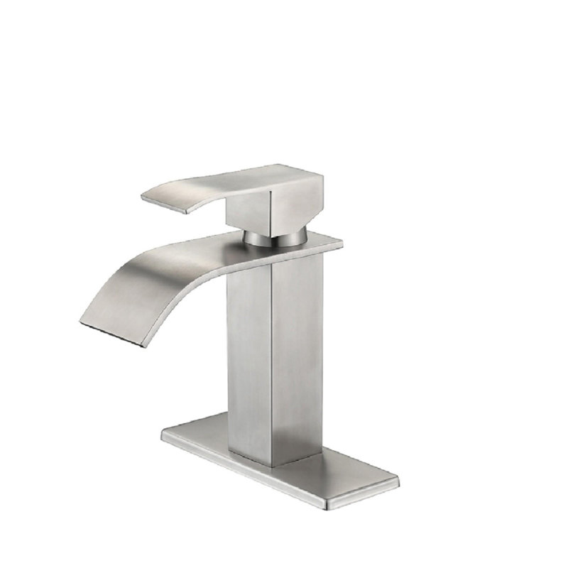 Robinet de lavabo de salle de bain à poignée simple avec bec cascade, Nickel brossé