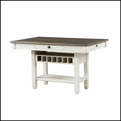 Table à hauteur de comptoir blanc antique et brun rosé avec tiroirs de rangement, tablette de présentation et support à vin pour une salle à manger élégante