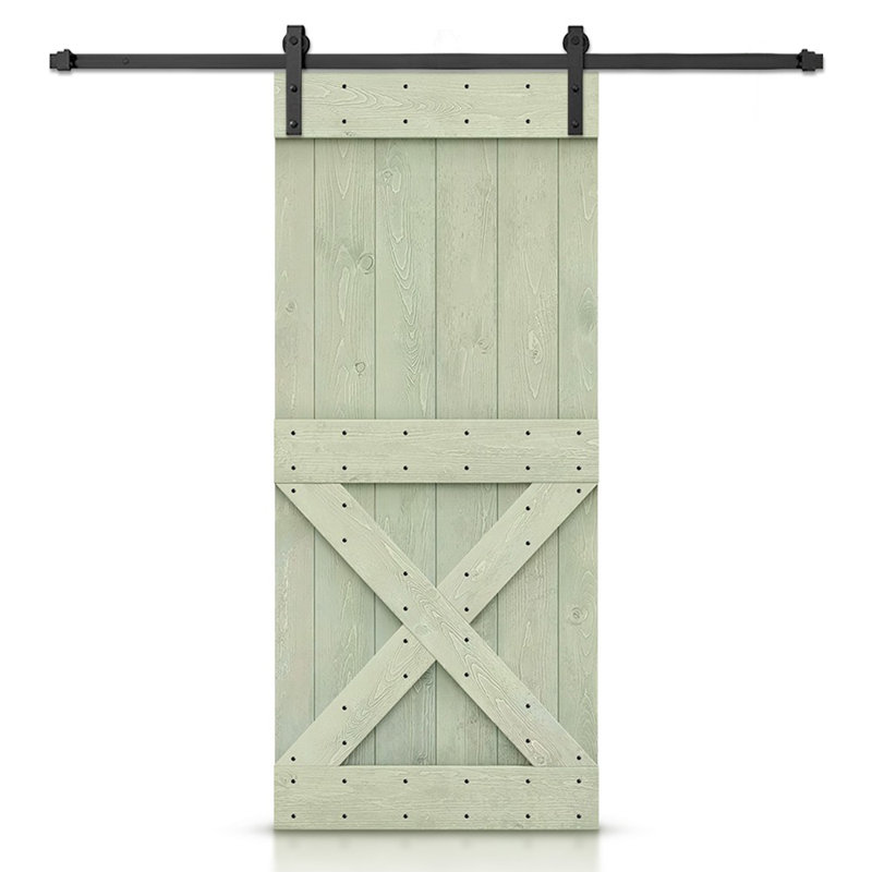 Porte de grange à panneaux et en bois avec quincaillerie d'installation, 44 po x 84 po, Vert sauge, Noir mat