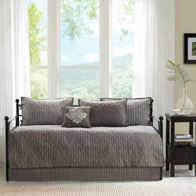 Housse de lit de jour réversible gris foncé, 6 ensembles, rembourrage en coton, pour lit simple, avec housse, taies décoratives, coussin décoratif 6 pièces - gris, coton, taille simple
