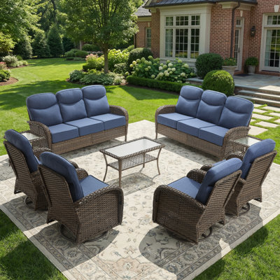 Luxury Patio Furniture Set With 6-Inch Thick Cushions, Outdoor Furniture Set With High Back Swivel Chairs, 9 PCS Wicker Outdoor Conversation Set For Porch