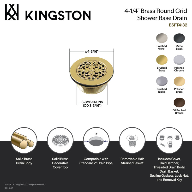 Kingston Brass Watercourse 4-1/4 Inch Round Brass Shower Base Drain, Polished Chrome