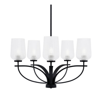 Cavella 5 Light, Uplight, Chandelier Shown In Matte Black Finish With 5" Textured Glass