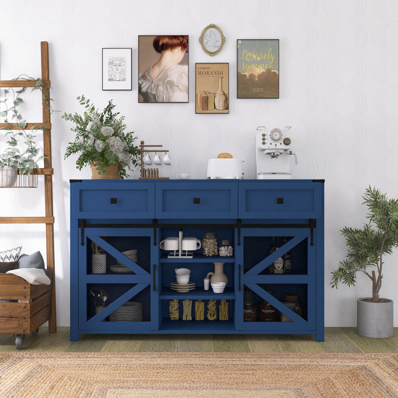 Buffet coulissant 55 "avec 3 tiroirs et tablettes réglables, Marine