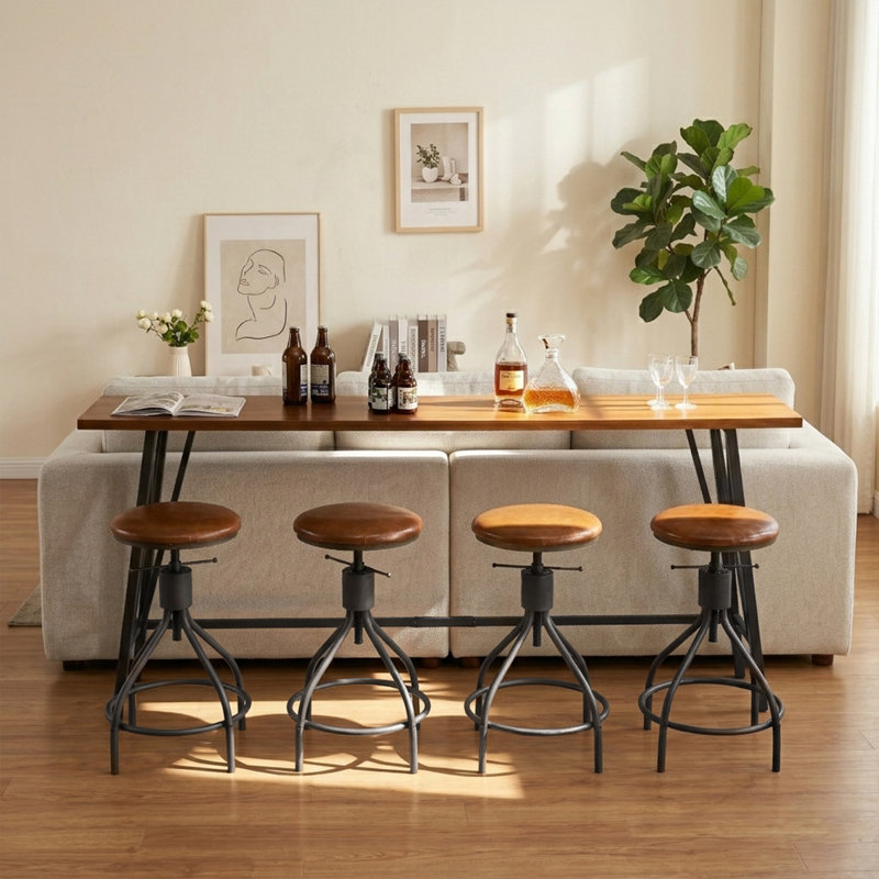84" Industrial Bar Table Set with 4 Adjustable Swivel Bar Stools 