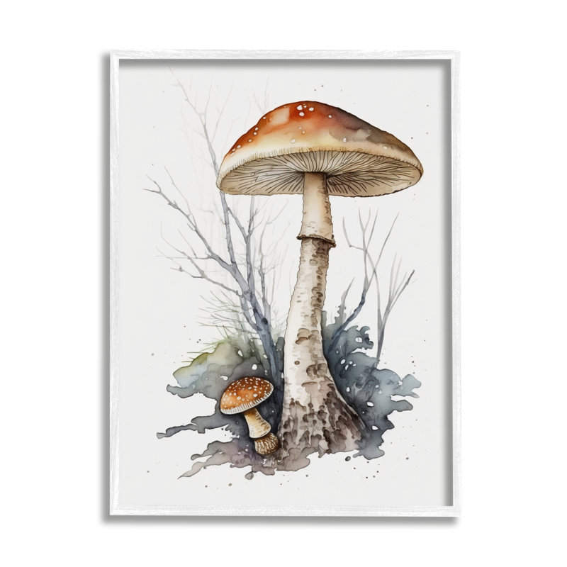 Bb-064-Champignon aquarelle éclaboussure encadrée sur bois, Blanc, H 14 po x l 11 po x P 1,5 po