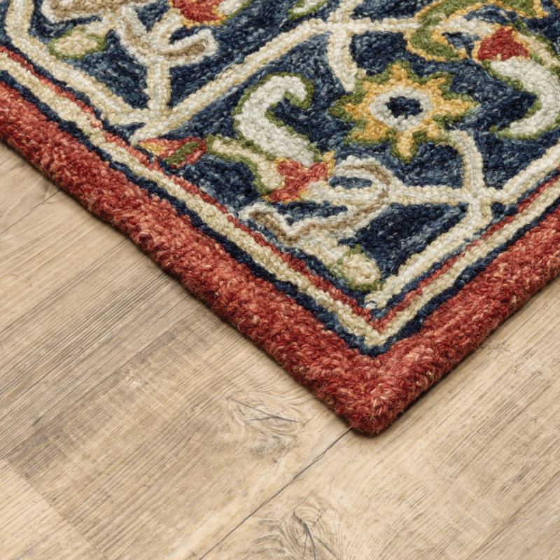 Red and Blue Floral Wool 5' x 8' Area Rug
