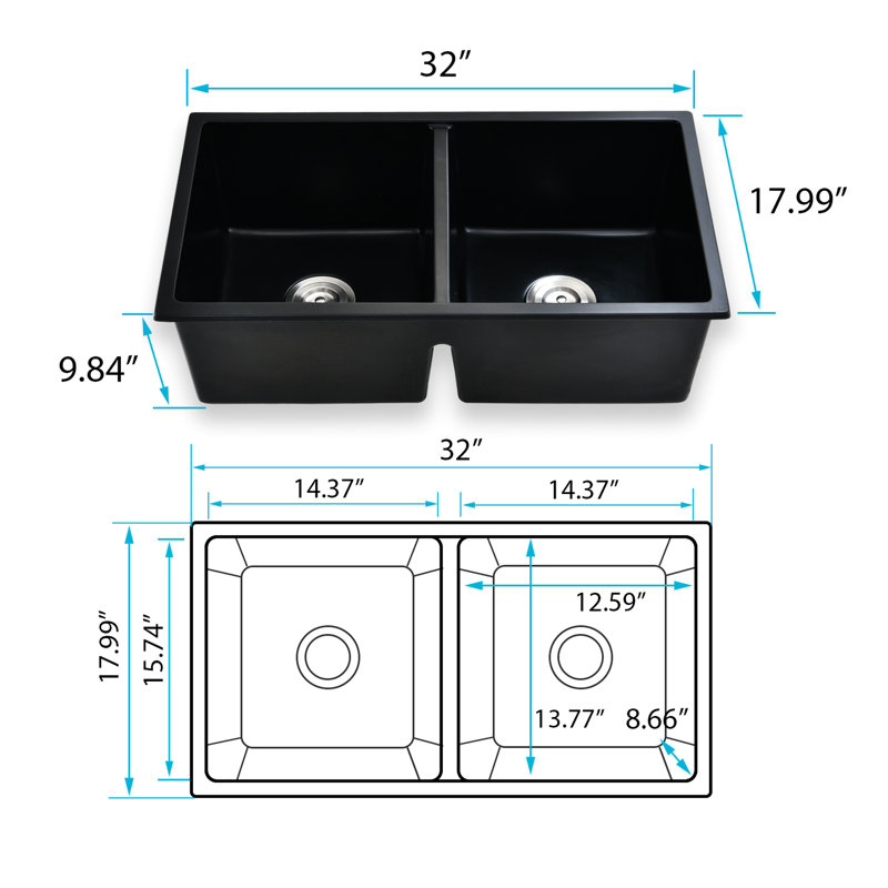Black Quartz 32" X 18" Double Bowl Undermount Kitchen Sink - Heat , Stain Scratch Rust Basket Strainer For Instant Liquid Drainage L X W Heatproof, Rapid And Streamlined