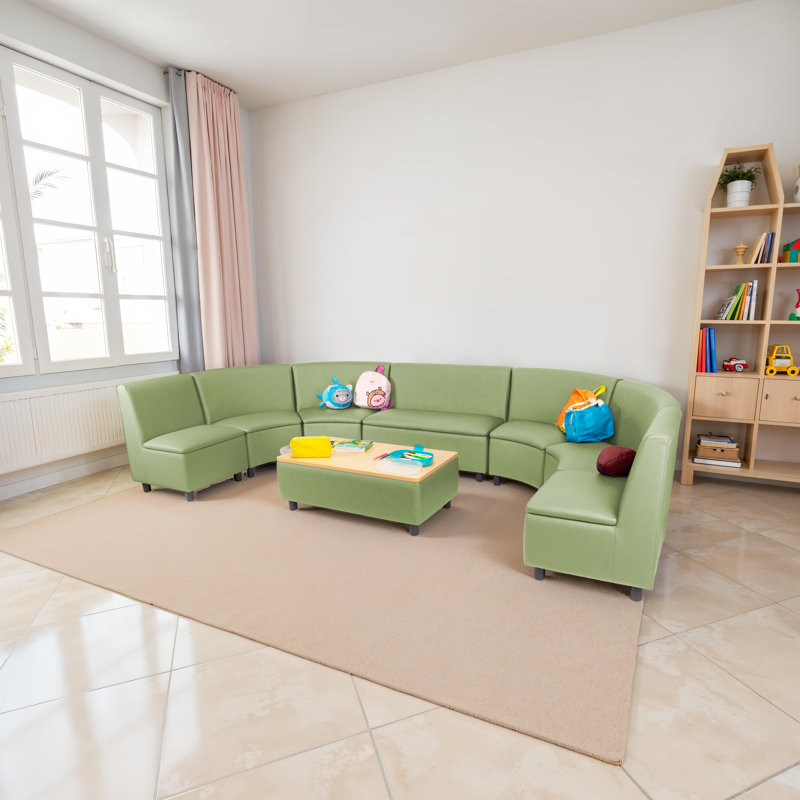 Ensemble 5 pièces de sièges collectifs courbés modulaires pour enfants avec table basse Kid Comfort, Brun clair / vert