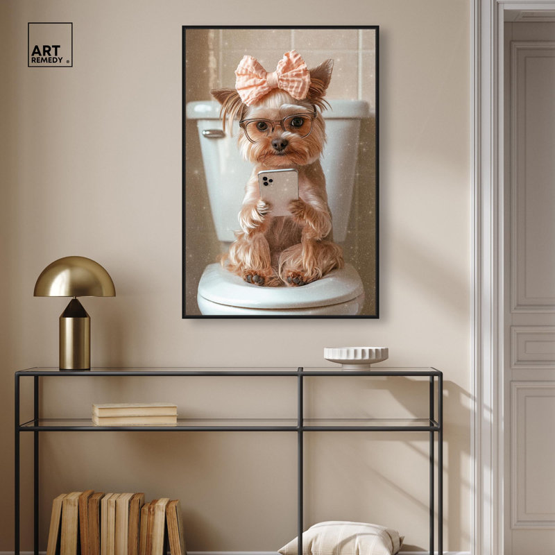 Mignonne Yorkie sur la toile , Cadre flottant noir, H 37 po x l 25 po