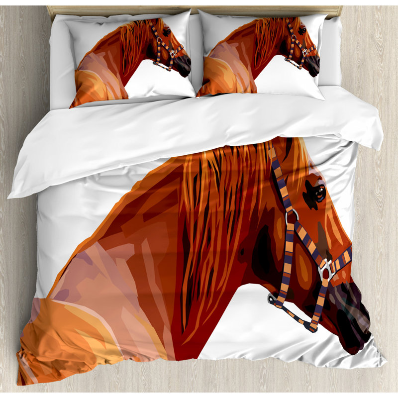 Queen Size White and Cinnamon Horse Duvet Cover Set
