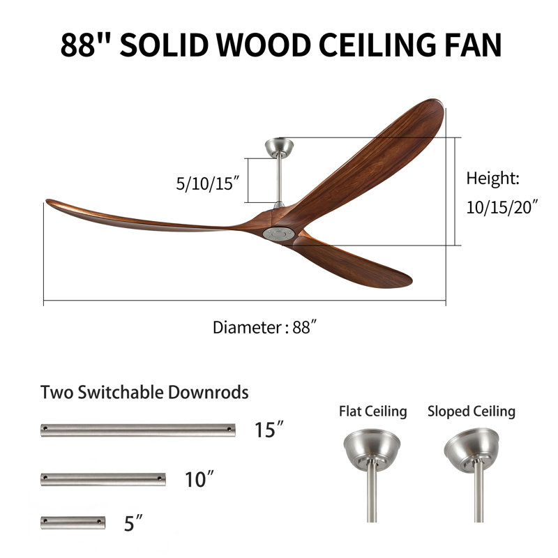 Ventilateur de plafond en bois massif de 224 cm (88 po) sans éclairage, 3 pales, 6 vitesses, télécommande et commande murale