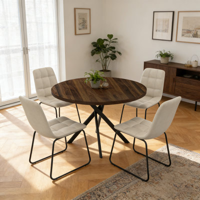 43.4 Inch Round Dining Table Set For 4, Mid Century Modern Small Coffee Set For Dining Room Kitchen Apartment Walnut Table & 4 Beige Chairs