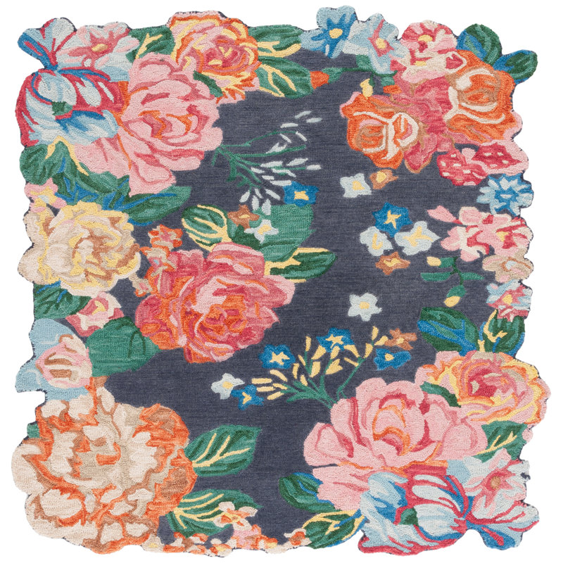 Jardin Hand Tufted Wool/Cotton Floral Rug in Pink/Navy, Square 6"