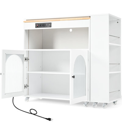 White Rolling Kitchen Island With 2 Ports, Fluted Glass Doors, Convenient & Stylish Medium Width Extended Table - Led , Power Outlet, Storage,