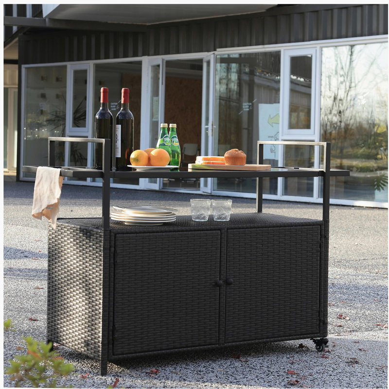 Rolling Rattan Beverage Bar Counter Table W/Glass Top For Porch Backyard Garden Poolside Party, Black