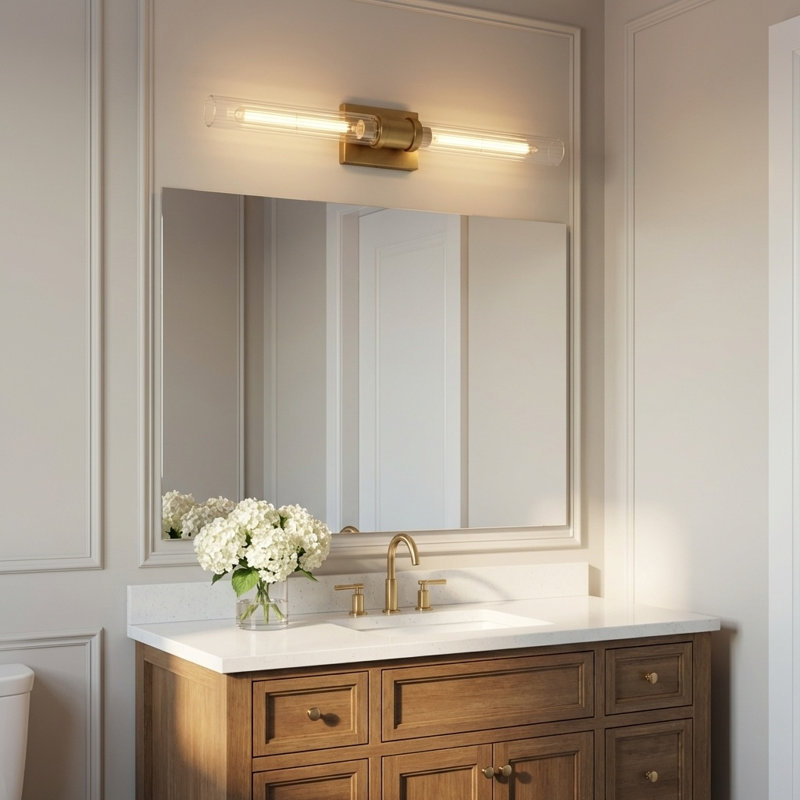 Ensemble de meuble-lavabo à deux lumières Keaton, Transparent cannelé, H 30 po x l 5 po x P 3,63 po, Laiton satiné