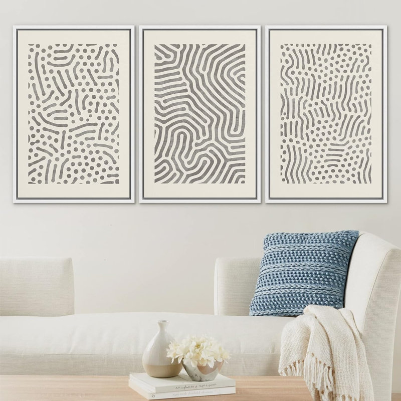 «Motif de vagues géométriques grises, formes abstraites et neutres, art moderne et contemporain», 3 pièces, Blanc