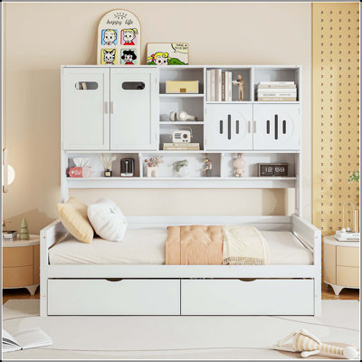 Lit de jour simple en bois avec 2 tiroirs et armoire et tablette tout-en-un