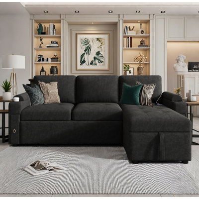 83.5" L-shaped Sofa Couch Convertible Sofa Bed Sectional Sofa with Ample Storage Space, Two Cup Holders and Two USB Ports for Living Room