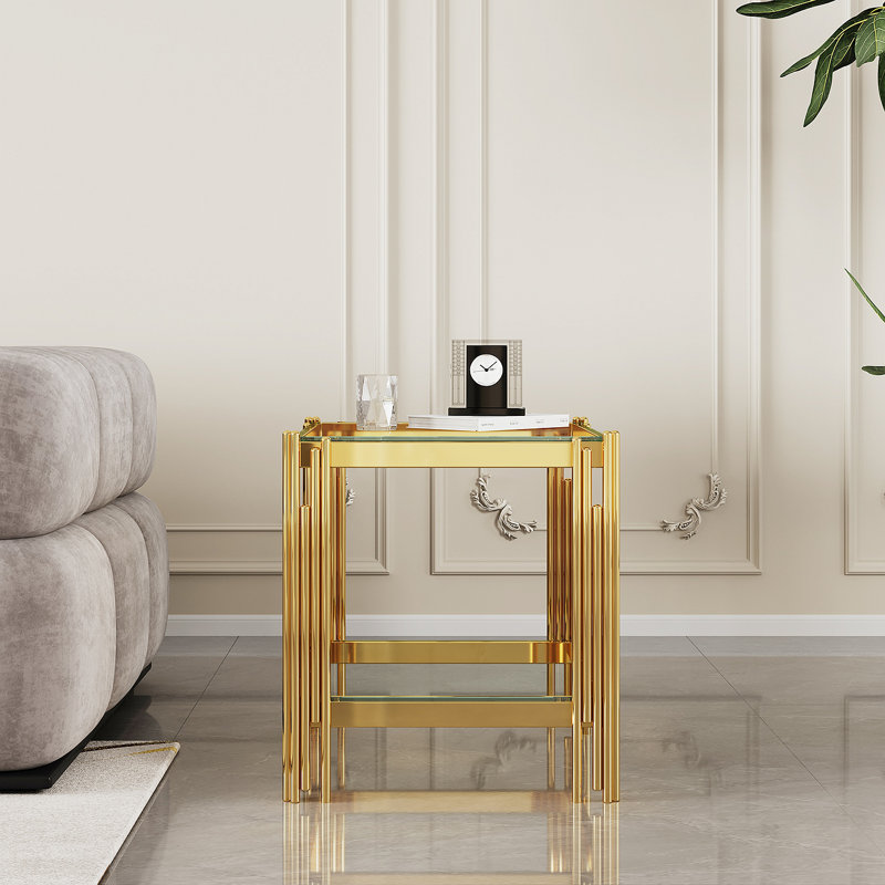 Table de bout en verre trempé à double couche supérieure et inférieure avec cadre en acier inoxydable à finition miroir