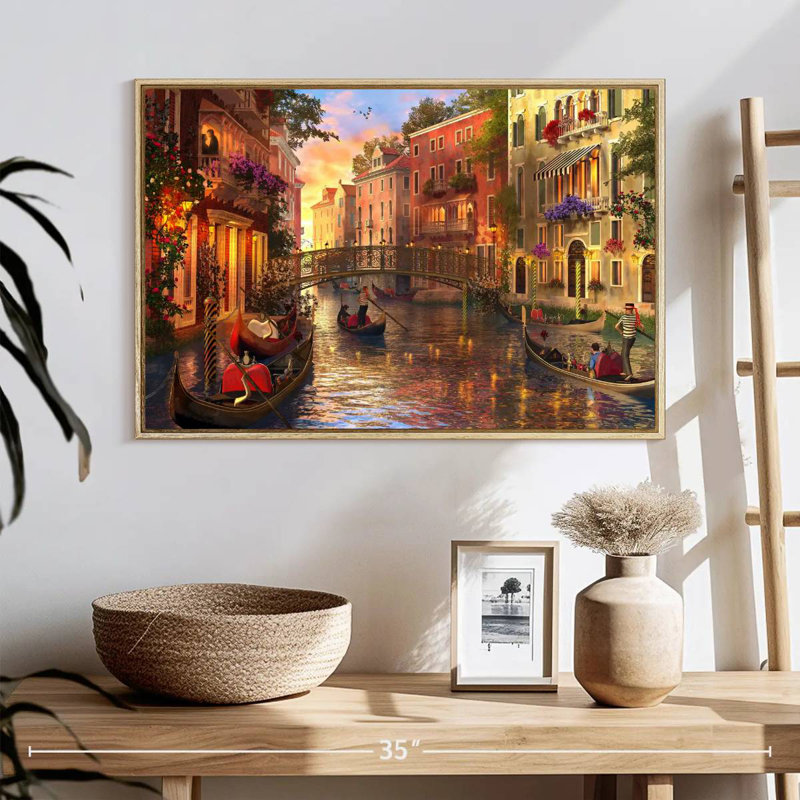 Coucher de soleil romantique à Venise, Cadre flottant en bois naturel, 25 po x 17 po