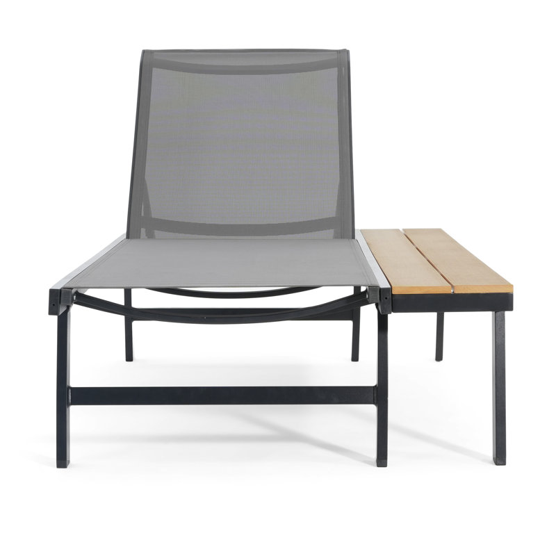 Adjustable Chaise Lounge With Aluminum Frame And Wood - Grain Side Table, Mesh Seating, For Outdoor, Black Grey, 77 Inch Depth Lightweight Stable Outdoor Waterproof Frame, Material,