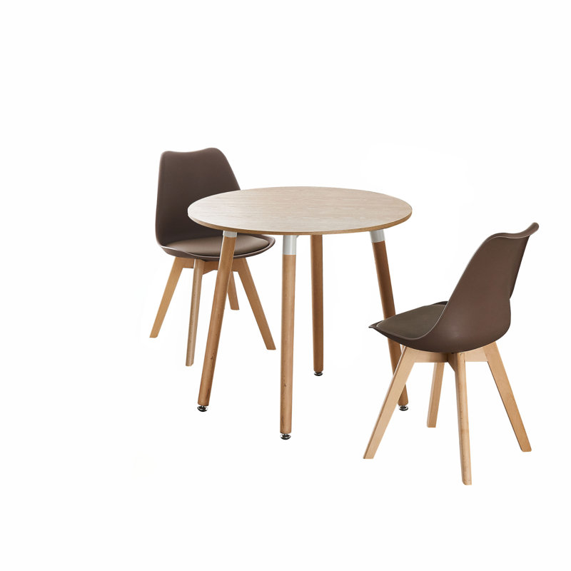 Franconia 2 Person Dining set - a Round Plastic Dining Table with Wooden Legs and a Set of 2 Faux Leather Cushion Padded Dining Chairs for Dining Room - Modern Dining Table Set