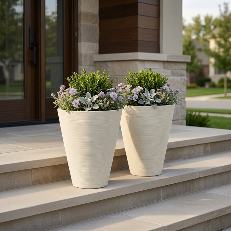 Taio 14" Ribbed Round Composite Planter Set, White, 14" H x 11.4" W x 11.4" D