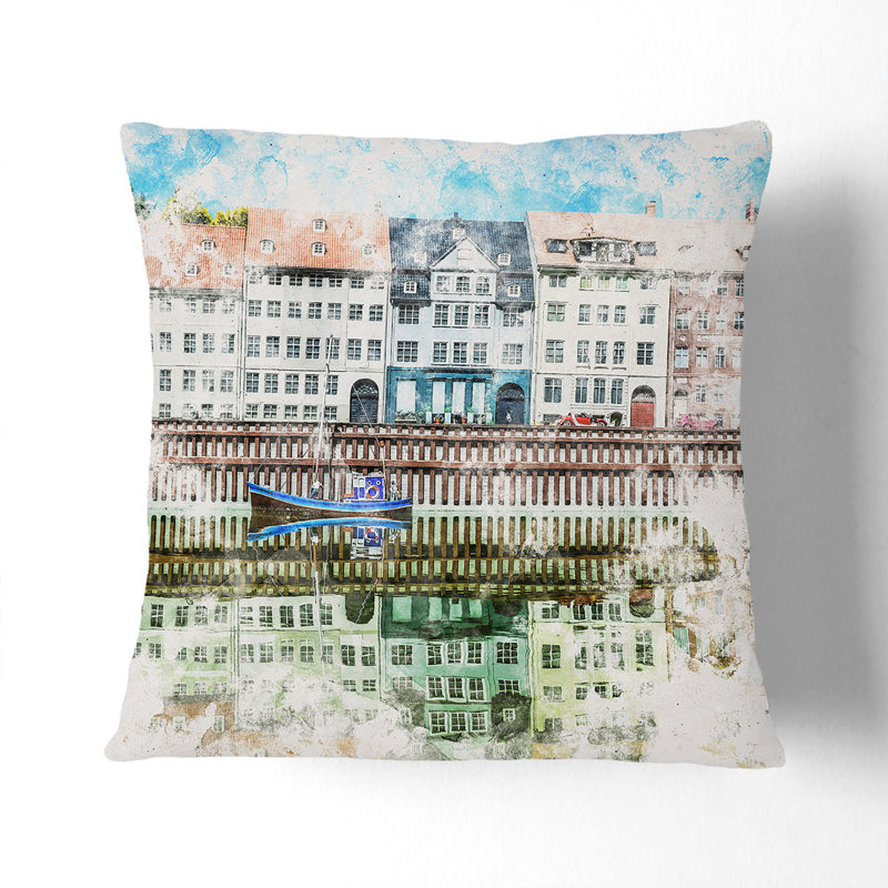 Nyhavn in Copenhagen Watercolour Cushion with Filling, 40cm H x 40cm W x 15cm D, Stone