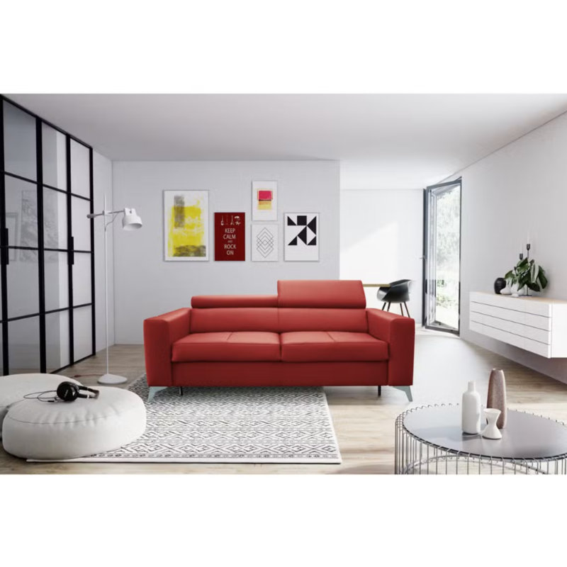 Lucy Genuine Leather Fold Out Sofa with Mattress and Adjustable Headrests, Red