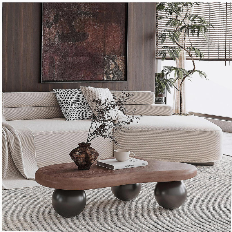 Table basse de 40 pouces en forme de nuage avec 3 pieds sphériques pour le salon, pieds noyer noirs, Noir / noyer foncé