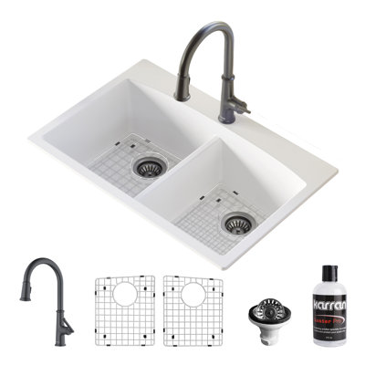 Évier de cuisine à double cuve encastrée avec robinet 33 po x 22 po 50/50 Karran Quartz