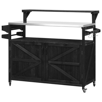 Outdoor Kitchen Island with Raised Shelf, Solid Wood Storage, Stainless Steel Top, Rolling Grill Cart, and Internal Racks