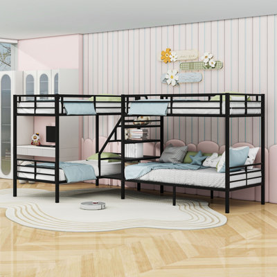 Twin Over Twin L-Shaped Metal Bunk Bed with Side Storage Shelves and Reinforced Guardrails