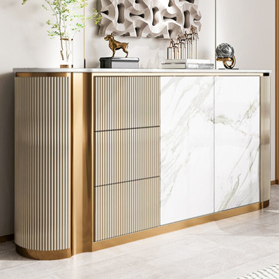 Italian Luxury Light Wood Ash Cypress Stone Panel Dining Cabinet
