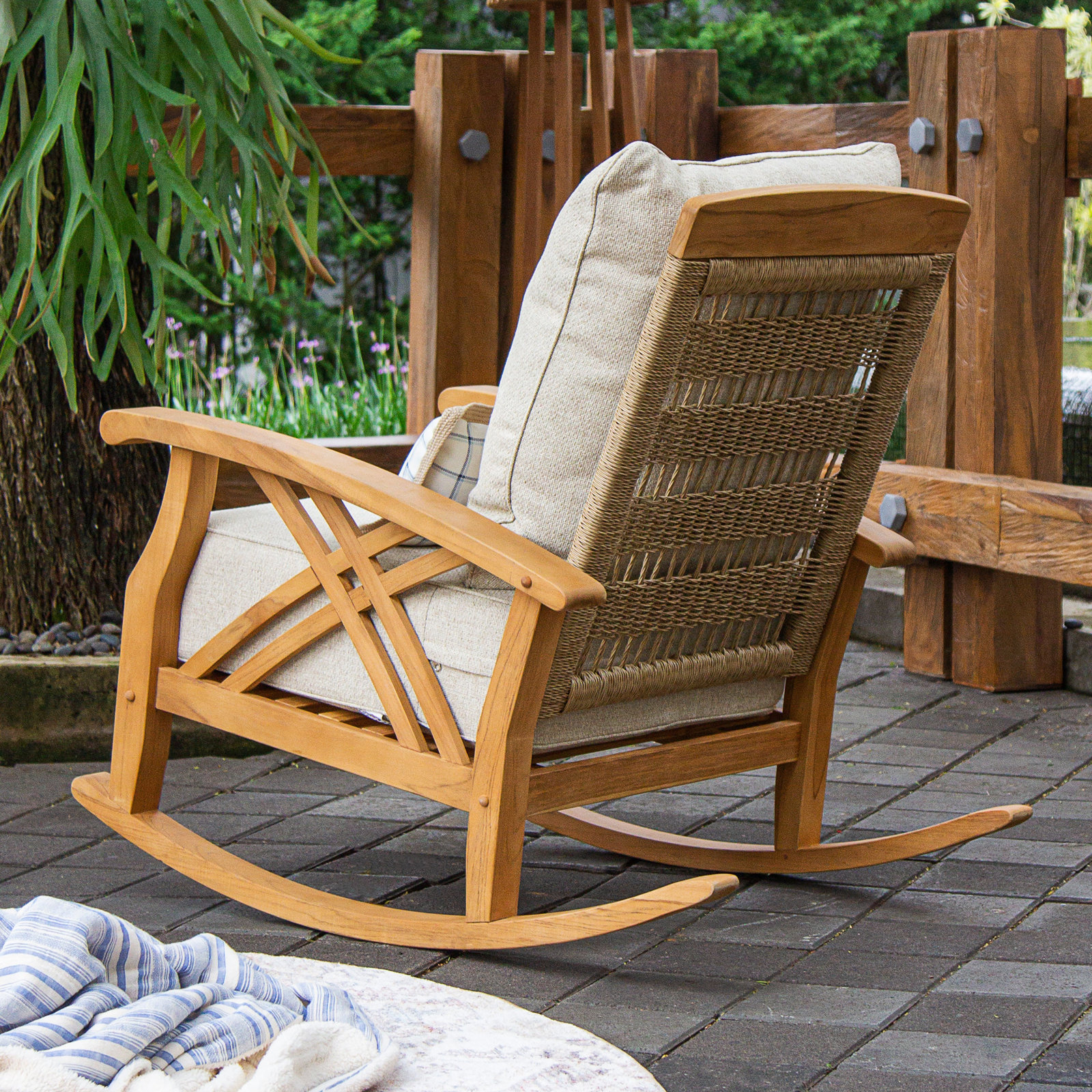 Cotesfield Teak Patio Rocking Chair, Tan Performance Basketweave