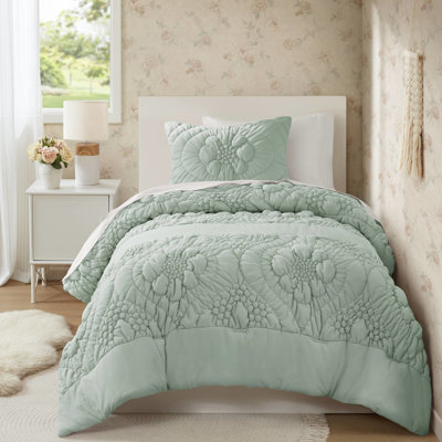 Édredon sauge double / grand, motif floral romantique, douceur bouffie et nuage, sauge 3 pièces, avec texture, tricot pour toutes les saisons