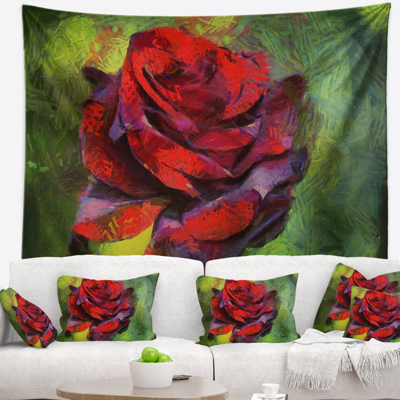 Illustration d'une rose rouge sur une tapisserie verte, H 50 po x l 60 po