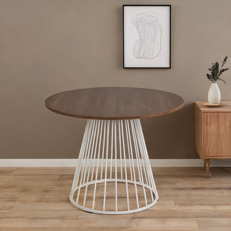 Table de salle à manger ronde contemporaine avec base sculpturale en métal blanc et plateau en bois massif brun riche, 4 places assises, 37,75 po de diamètre