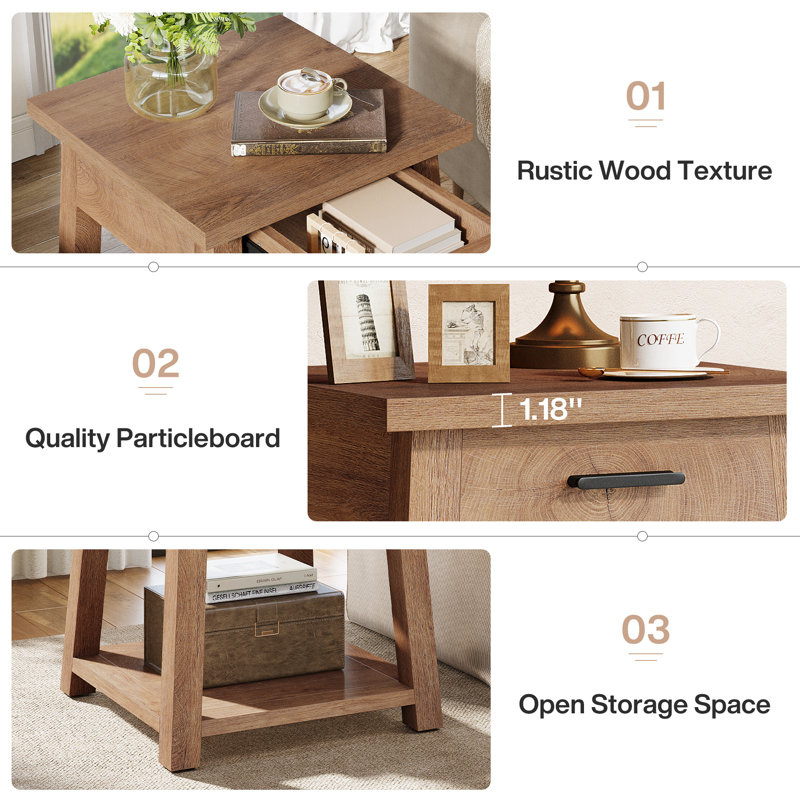 Side Table with Drawer, 2 -Tier Wooden End Table with Shelf Storage