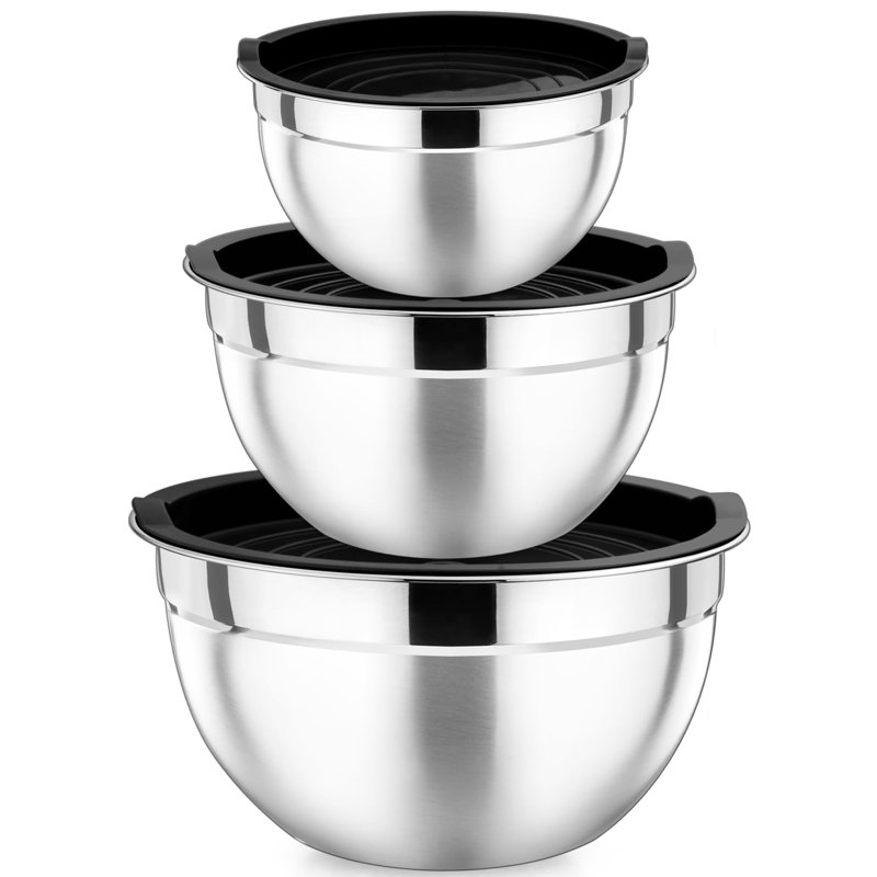 Black Mixing Bowls With Lids, Set Of 3, Stainless Steel Salad Nesting Bowl For Mixing, Storing, Prepping, Airtight & Stackable, Size 4.6/3 /1.5 QT