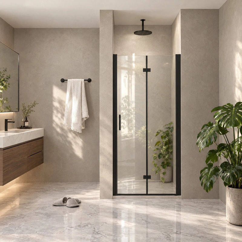 Porte de douche pliante sans cadre 30-31 po x H 72 po avec verre certifié Sgcc, Matte Black