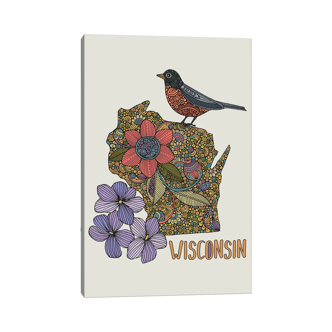 Wisconsin - State Bird And Flower von Valentina Harper - Galerie-verpackte Leinwand Giclée auf Leinwand