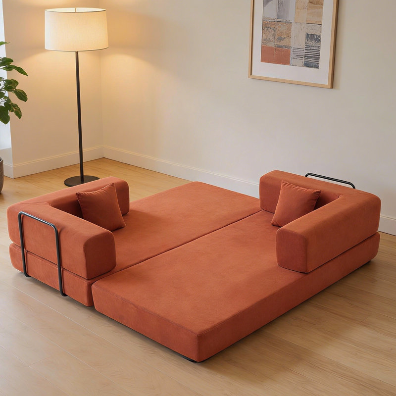 Canapé-lit convertible avec oreiller cylindrique, canapé-lit pliant en velours côtelé avec cadre de forme fixe, canapé-lit de salon pour salon, chambre à coucher, studio de détente (rouge orange)