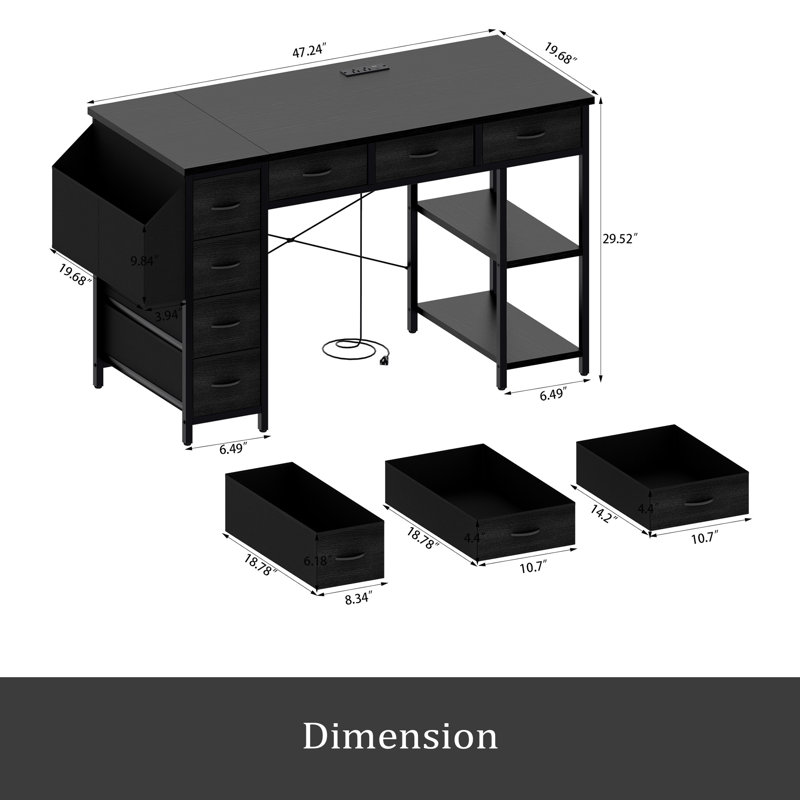47" Computer Desk With Power Outlet,Writing Desk With 7 Fabric Drawers,Vanity Table Drawers And Large Side Pocket