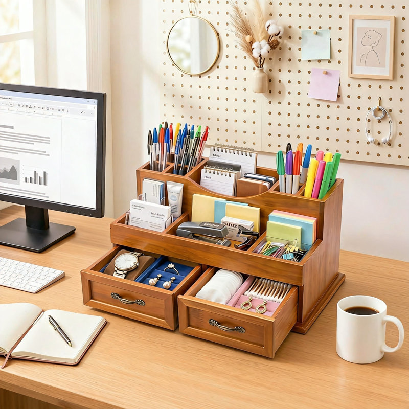 Organisateur de maquillage rustique en bois avec 2 tiroirs (brun)