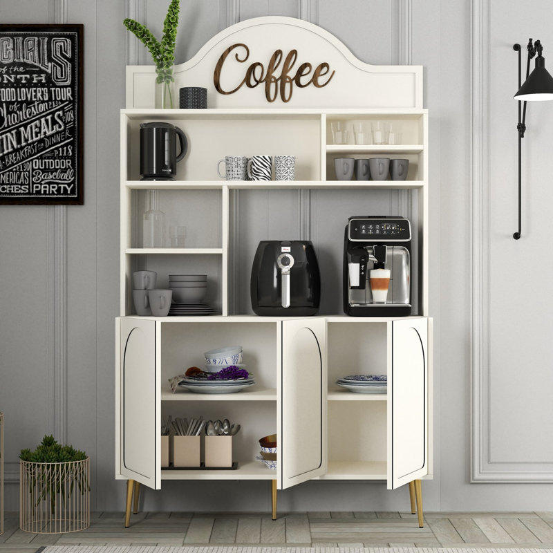 Modern Coffee Bar Cabinet, Cream & Gold, 47.2 x 79.5 x 13.8 inches | 100% Melamine Coated Particle Board, Thickness: 0.7 inches | Numerous Shelves, Elegant Design for Home or Office | Stylish & Functional Storage Solution
