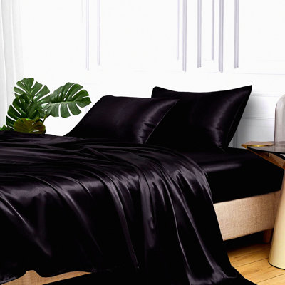 Luxury Silky Queen Size Bed Sheet Set - 4 Piece Black Bedding Set with 15" Deep Pocket for Queen Mattress - Soft, Smooth, Wrinkle Resistant Sheets