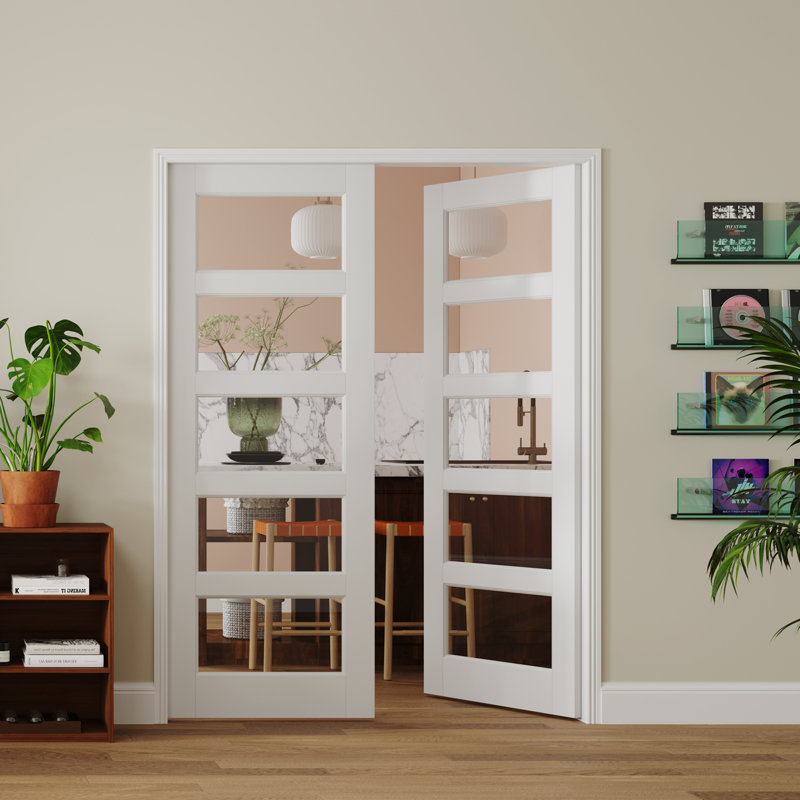 Dalle de porte 5 pièces en verre transparent fabriquée en bois blanc apprêté avec dalle de porte intérieure (sans charnière et quincaillerie d'installation / poignées)